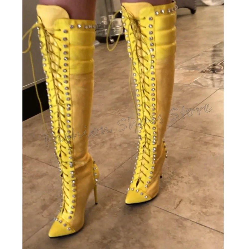 

Yellow Rivet Decor Lace up Boots Pointed Toe Women Shoes Stilettos High Heels Party Banquet Dating 2025 Zapatos Para Mujere