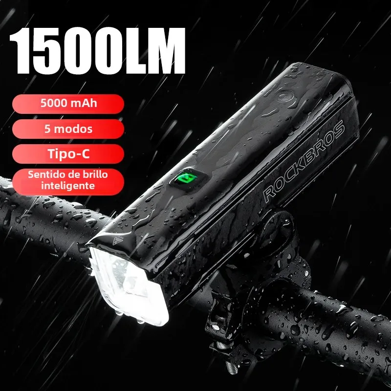 Luz de bicicleta ROCKBROS 1500LM 5000mAh luz de bicicleta IPX6 aluminio tipo C recargable brillo inteligente ajuste lámpara de ciclismo