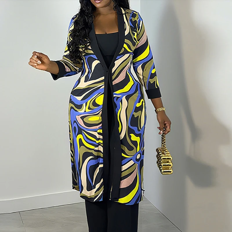 

Новый винтажный длинный кардиган с принтом, женские модные куртки на пуговицах с рукавами 3/4, верхняя одежда, тонкое пальто, женские топы