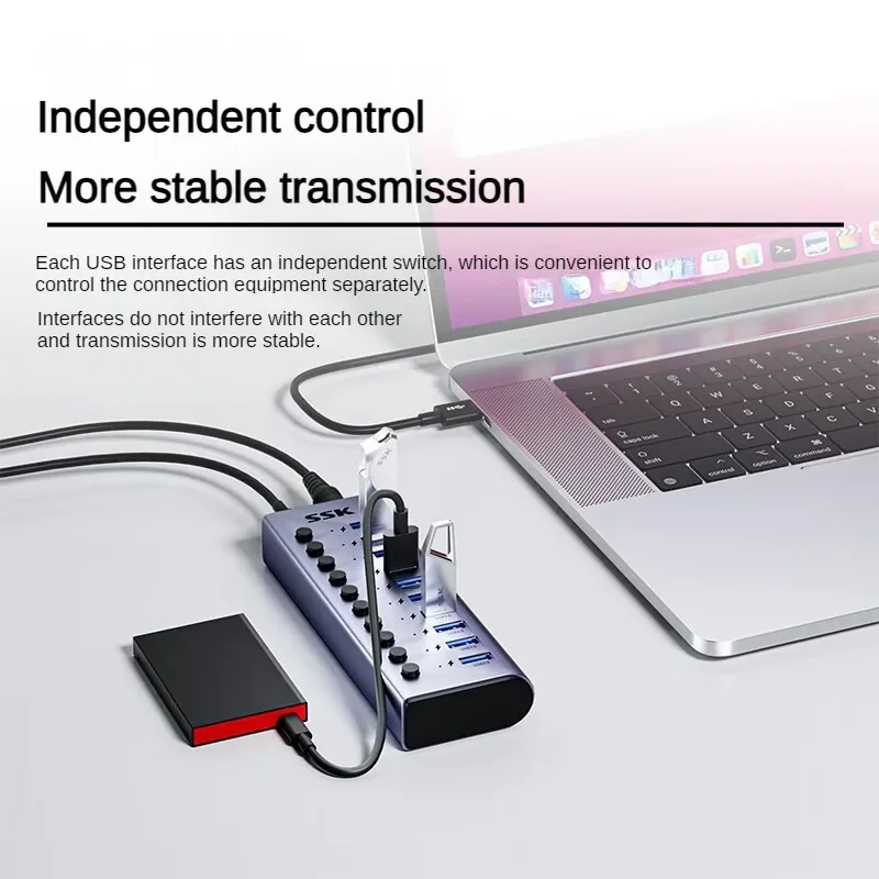 SSK USB C Hub Splitter Socket  Aluminum 7 10 Port Splitter Split Switch Dock with On-Off Key 12v Power Adapter for Macbook Phone images - 6