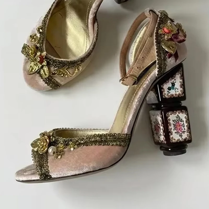 

Pink Velvet Pearl Peep Toe Shaped Heel Flower Bow Pumps Woman Summer 2026 Hollow Buckles High Heel Sandals Shoes for Women