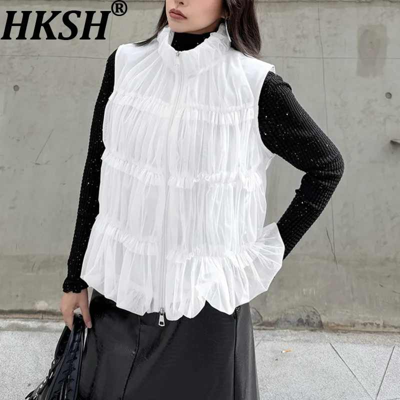 

Жилет женский HKSH 2026, весна-осень, новый, с воротником-стойкой, на двойной молнии, однотонный, плиссированный, элегантный, без рукавов, модель HK18717