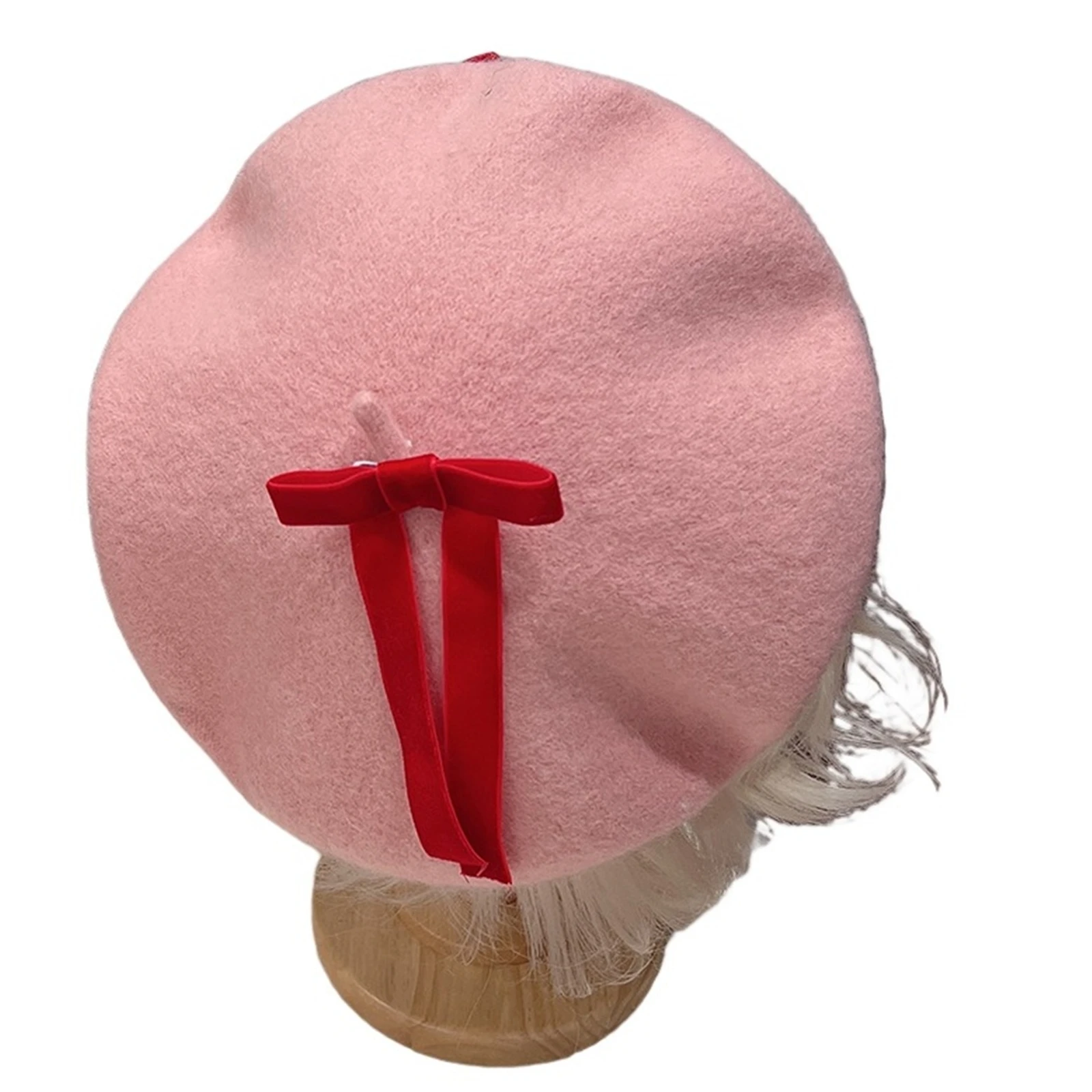 Boina rosa para niña, sombrero de lana de fresa con lazo de Anime para mujer, gorro de pintor dulce cálido para invierno, accesorios de Cosplay para Halloween