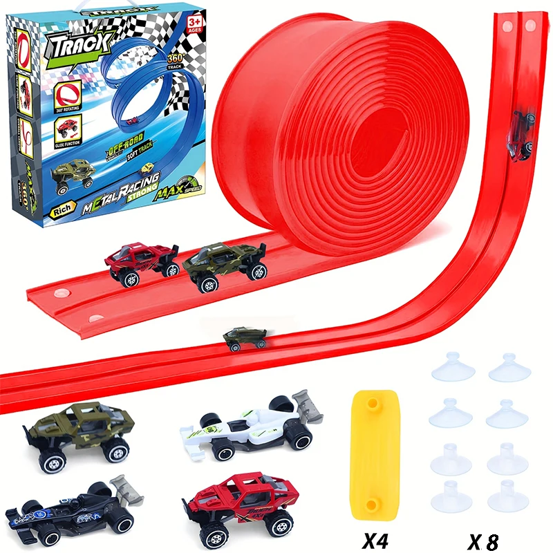 Set da corsa per auto da pista doppia flessibile fai-da-te con pista da corsa morbida in PVC da 498 cm e 4 auto scorrevoli Giocattoli educativi Regalo per giochi per bambini