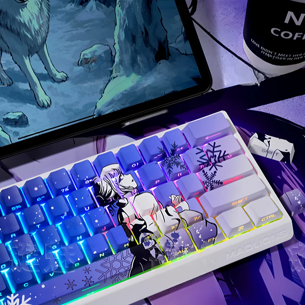GEFENSI 131 Key Cherry Key Cap PBT Girl And Wolf Side Engraved Transparent Key Cap For 60/64/84/98/108 Mechanical Keyboard MX Sw