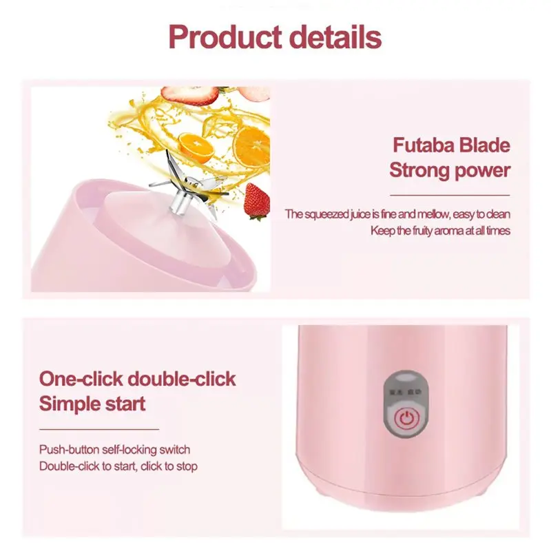 ABBP-Usb Rechargeable Portable Blender 500Ml Fresh Fruit Juice Mixer 6 Blades Shake Cup Cute Blender Smoothie Ice Crush Cup - view 3