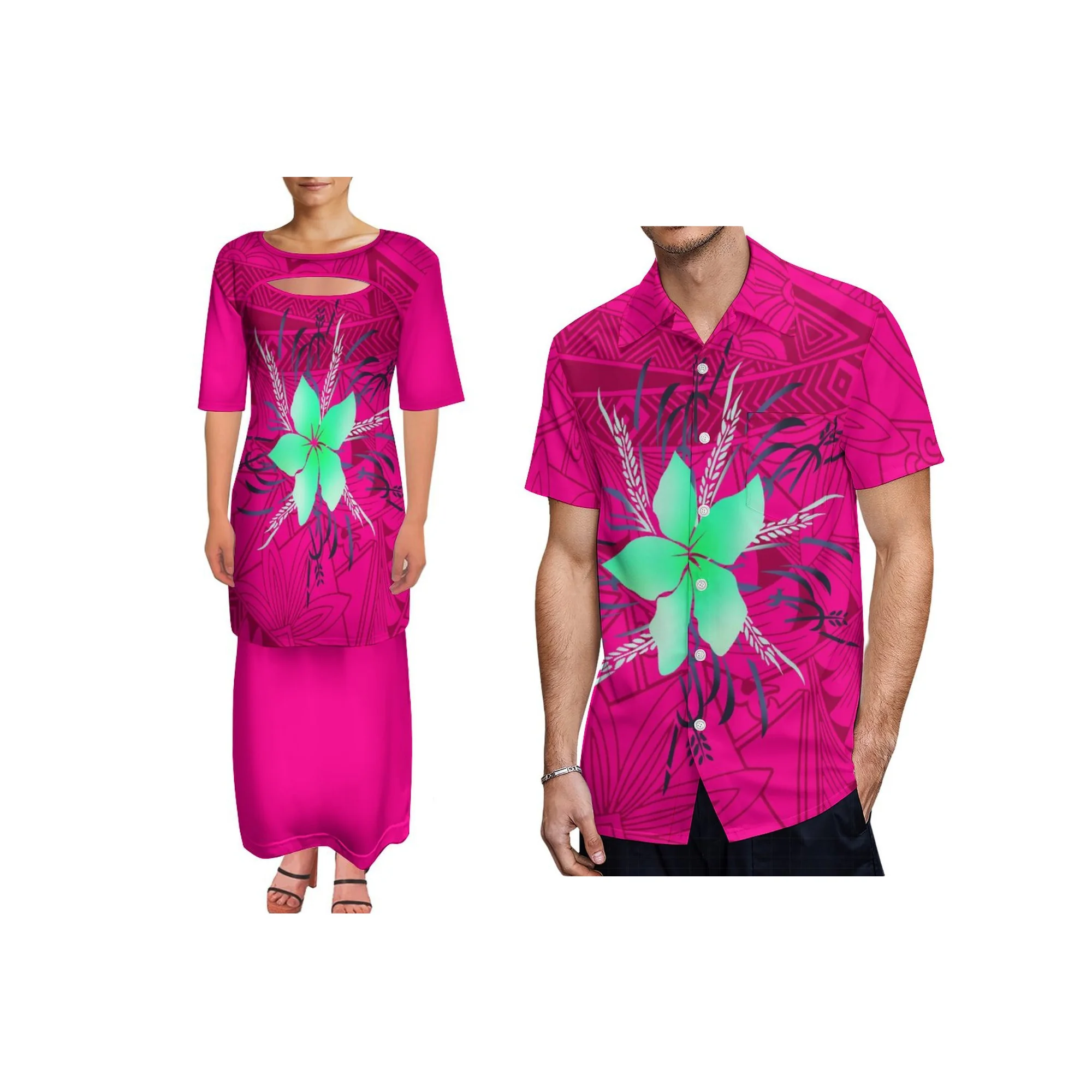 

Lady Customized Polynesian Puletasi Dress Crew Neck Dress Samoan Design Two Piece Cutout Neck Dress