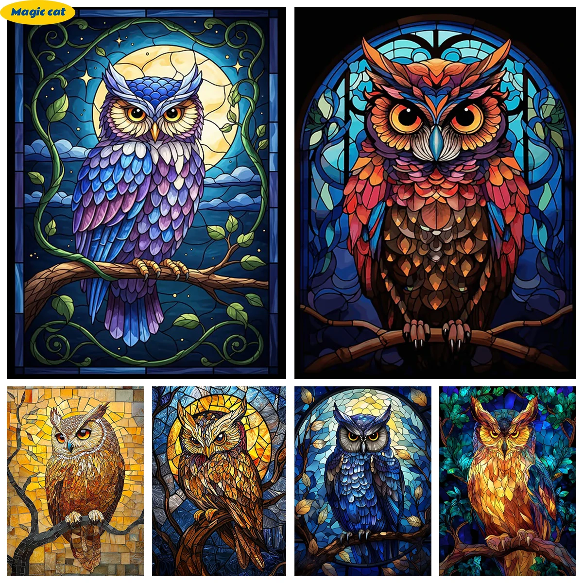 

Glass-style owl 5D Diamond Painting Colorful geometric bird portrait DIY Diamond Embroidery Living Room Home Wall Decor Gift