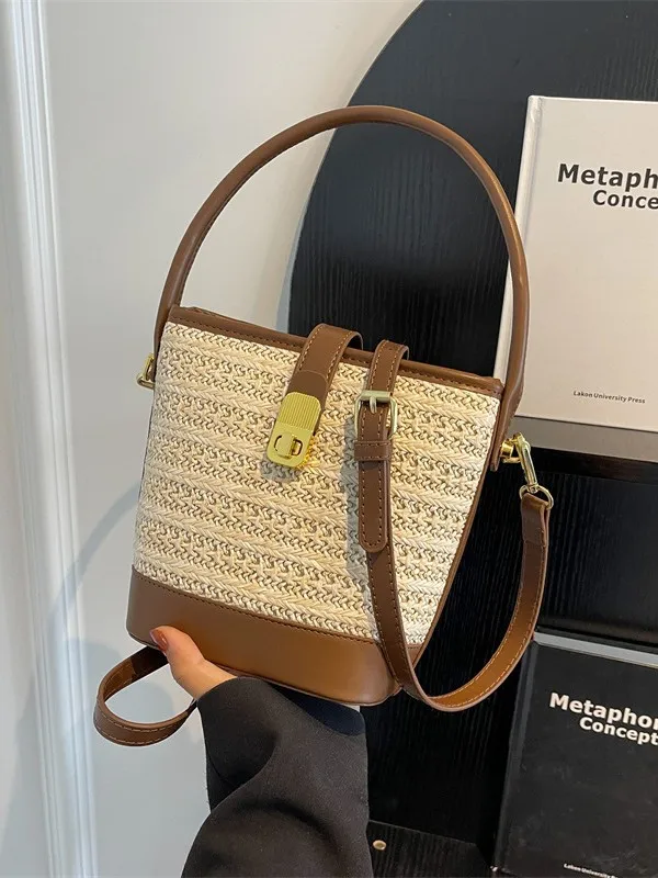Weave straw bags,New‑arrival niche‑design crossbody bag, versatile summer high‑end‑feel hand‑held bucket bag