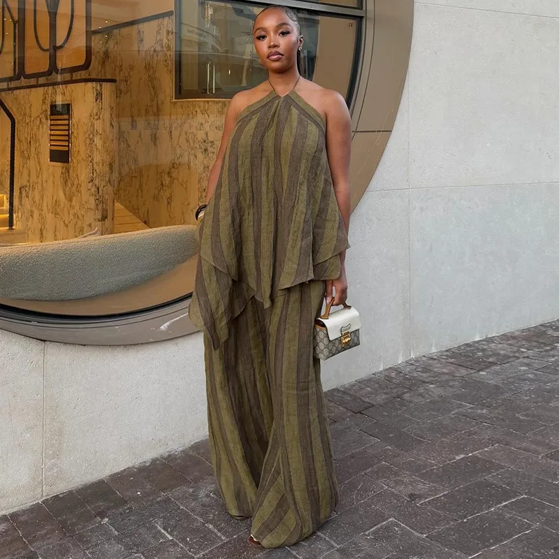 

2026 Summer New Halter Vest Top Wide Leg Pant 2 Pcs Sets Y2K Green Stripe Women Long Pant Sets Chic Holiday Lady Outfits Street