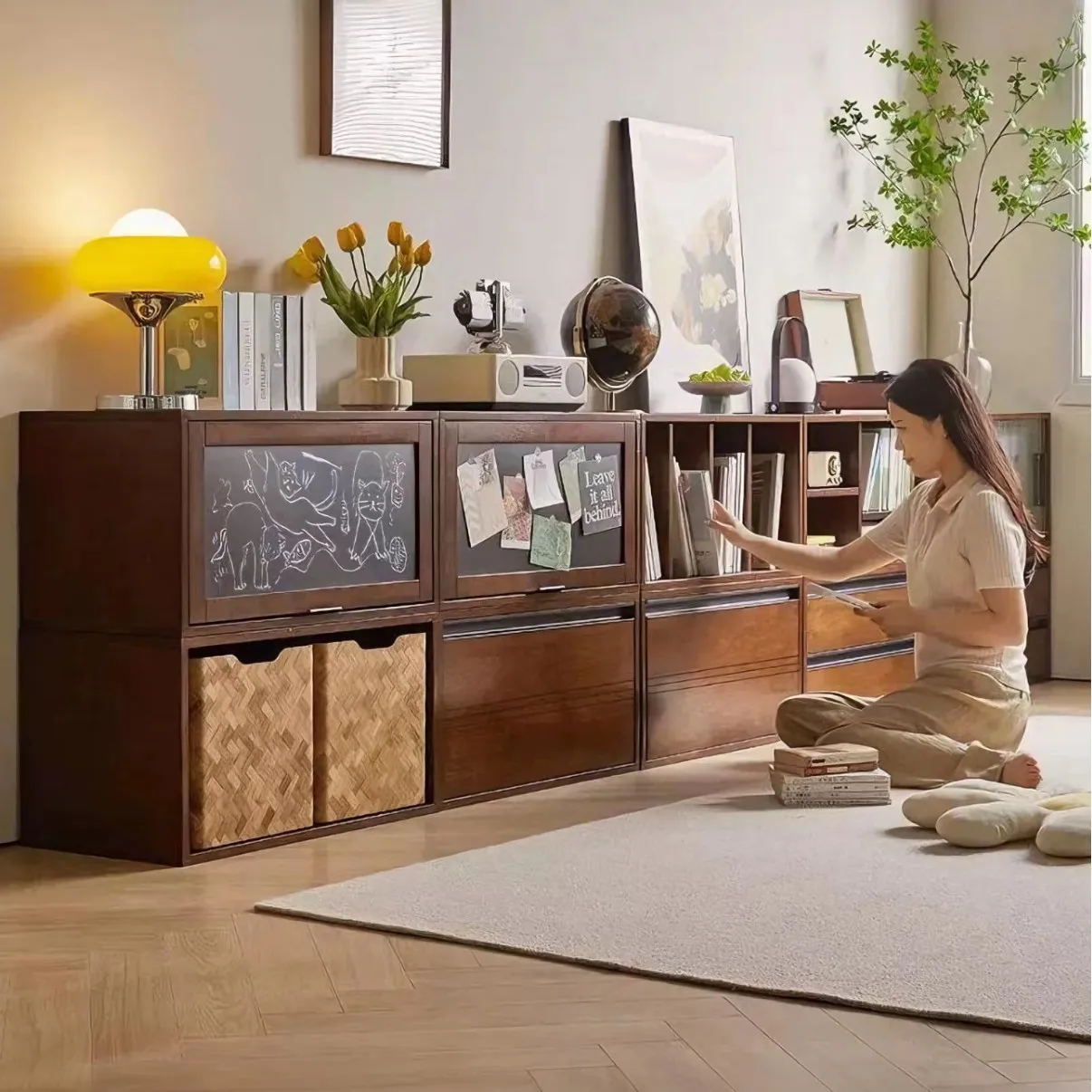 

Customizable bookcase building block combination cabinet display cabinet free combination grid floor to wall solid wood living