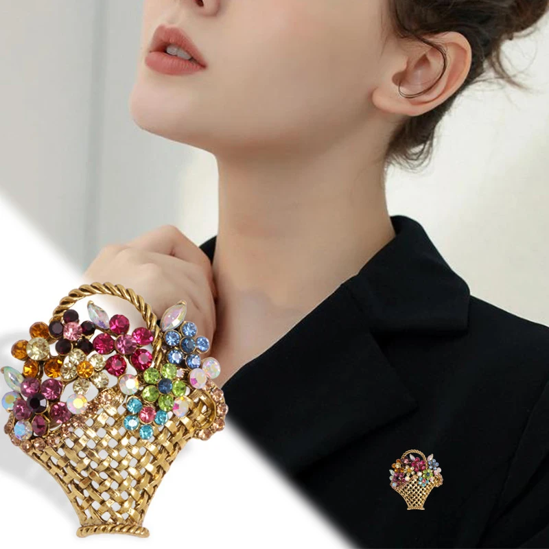 Fashion Crystal Flower Basket Brooches Pin For Women Clothing Coat Jewelry Accessories