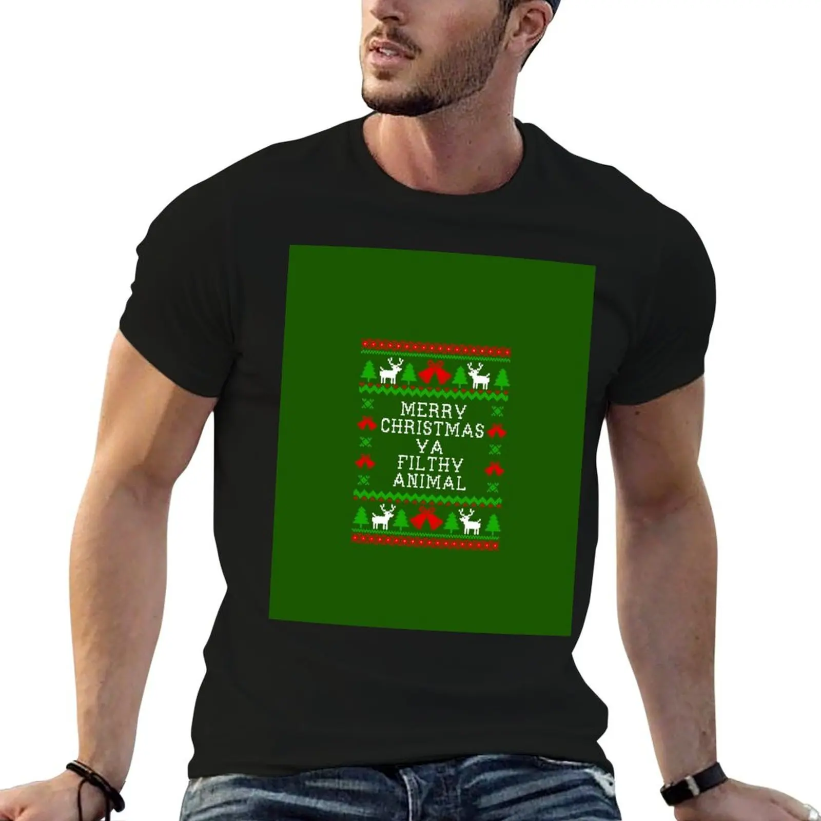 Merry Christmas Ya Filthy Animal - Ugly Christmas Sweater Style T-Shirt t shirt for man cotton tshirt 100% T-Shirt