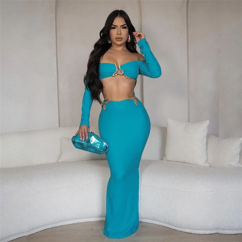 Metal Ring Soild Sexy 2 Piece Set 2024 Autumn New Fashion Long Sleeve Crop Tops Long Skirt Elegant Party Evening Outfits
