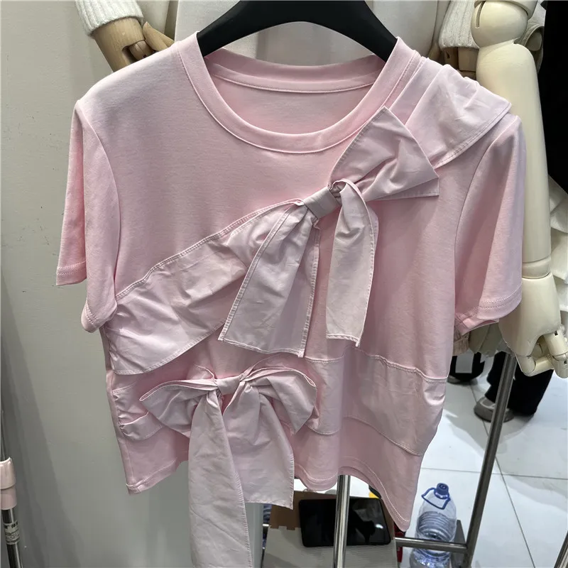 

Свободная женская футболка с коротким рукавом, новинка весна-лето, корейская версия, с большим бантом, 3D-дизайн, элегантный топ