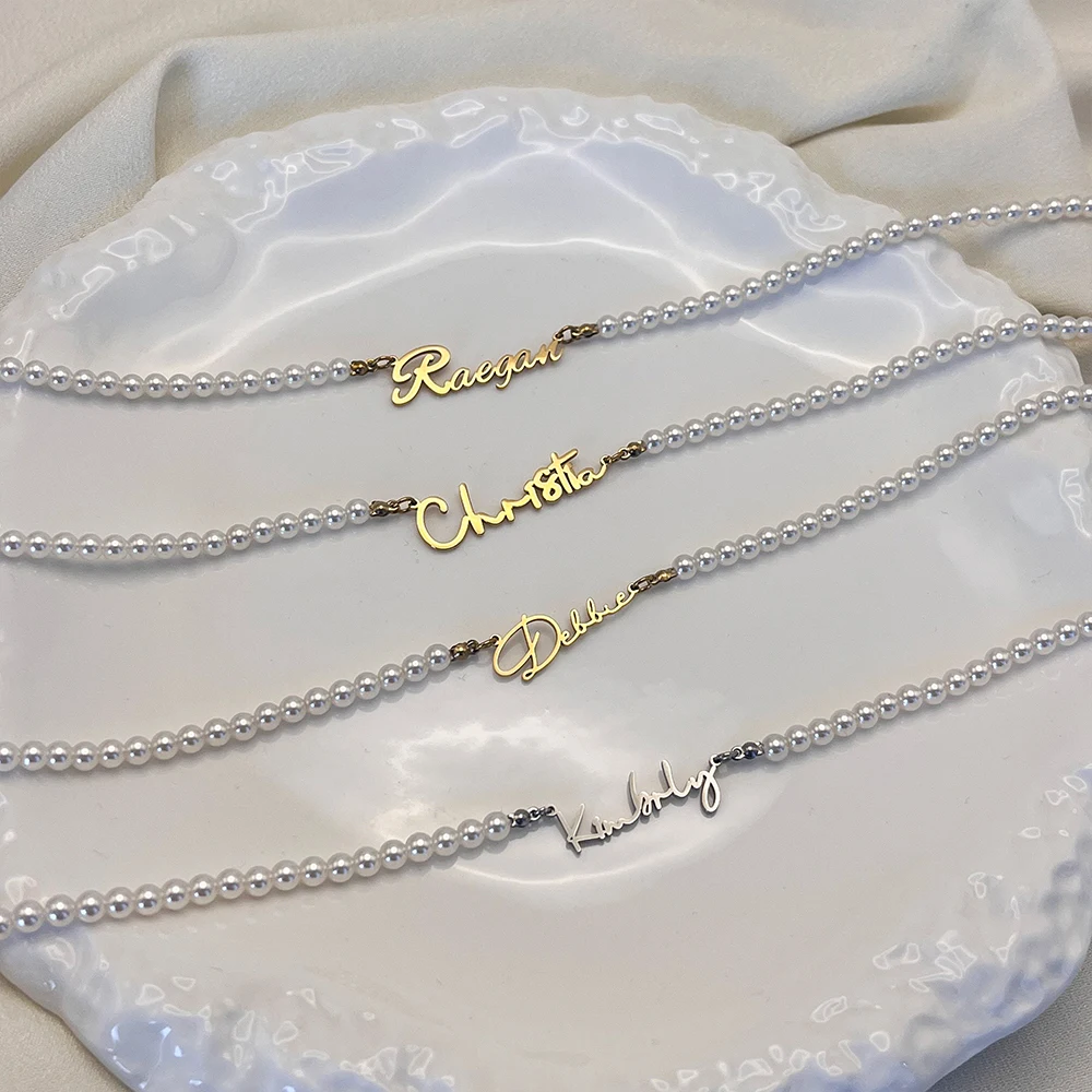 Visunion Women's Imitation Pearls Diy Letters Collarbone Chain Stainless Steel Customized English Name Necklaces Factory Direct