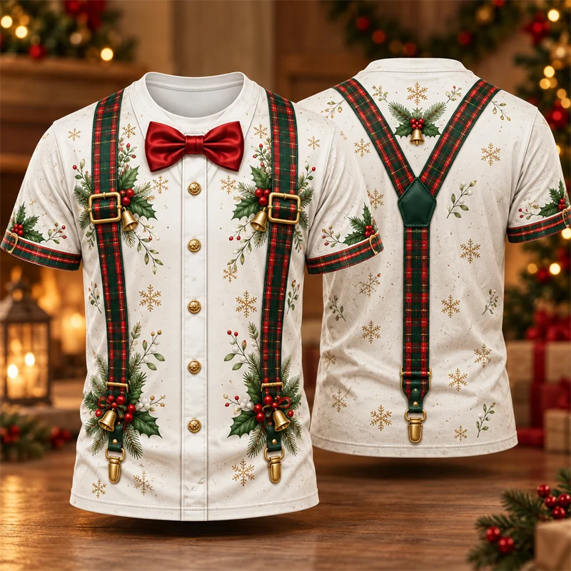 Christmas Bow Tie Suspenders Print T Shirt for Men Short Sleeve Crew Neck Faux Dress Shirt Holiday Party Tee with Holly Detail