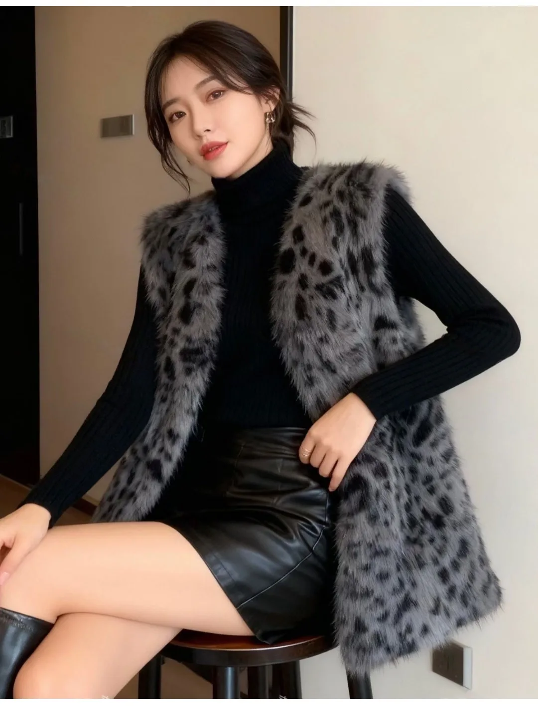 Faionable Winter High-End Leopardenmuster Pelzweste Oberbekleidung Damen Jaet Oberbekleidung Elite Sense Svel Top irt