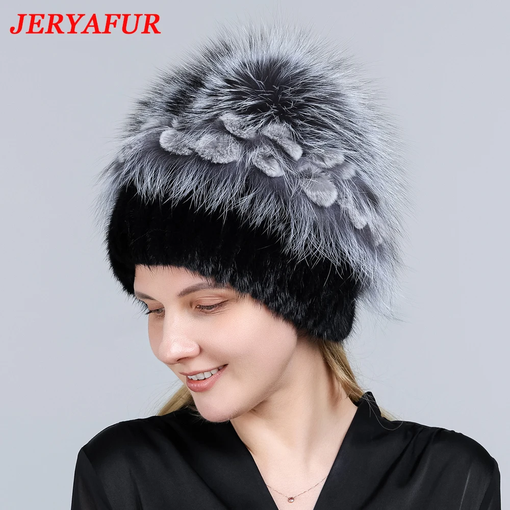 JERYAFUR Women's Natural Mink Fur Hat Fox Pompom Rabbit Flowers Stylish Warm Fashion Girls Real Fur Winter Hat Knitted