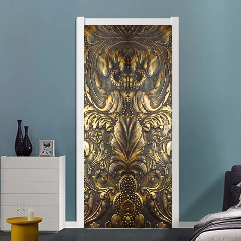 PVC Self-Adhesive Door Sticker European Style Vintage Golden Statue Wallpaper Living Room Bedroom Door Waterproof Poster Murals