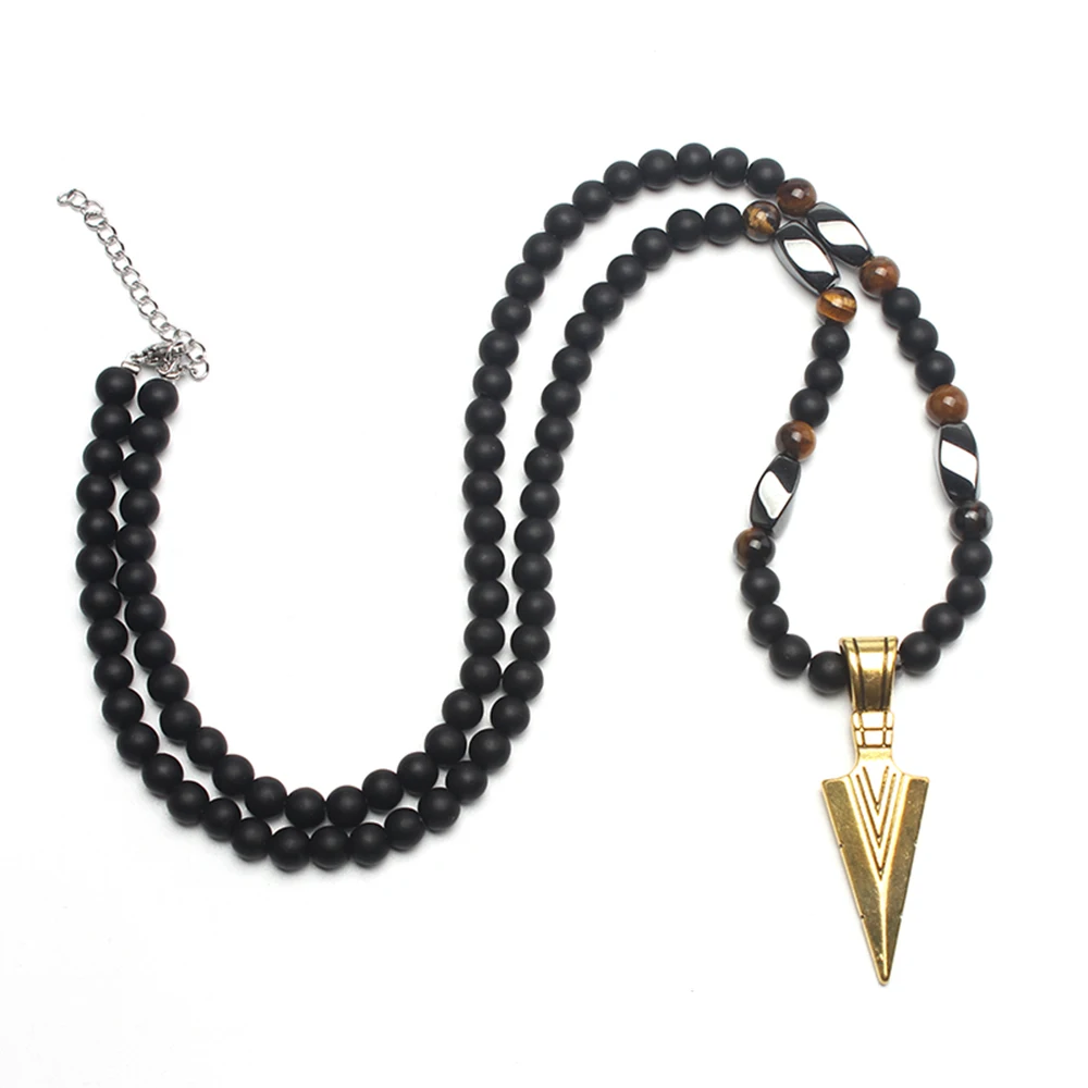 Cool 6mm Matte Black Round Beads Slivery Golden Color Arrow Pendant Necklace for Men Handmade Jewelry Gift