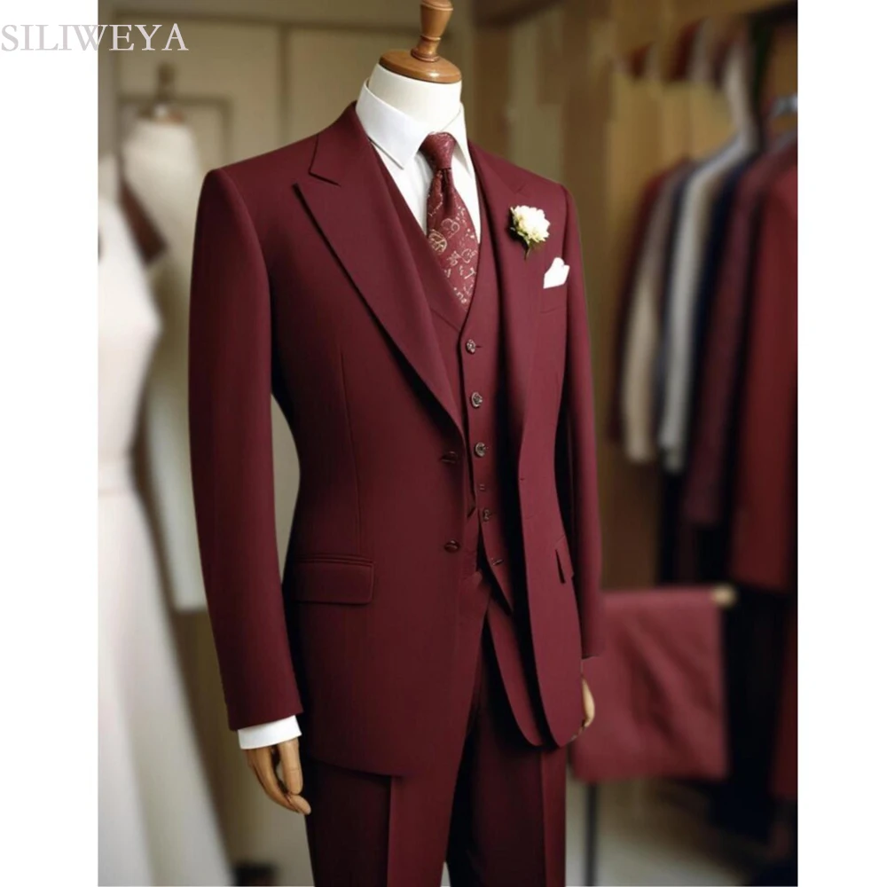 

SILIWEYA Burgundy Suits for Men Wedding 2025 Formal Single Breasted Peak Lapel Skinny Bespoke 3 Piece Jacket Pants Vest Outfits