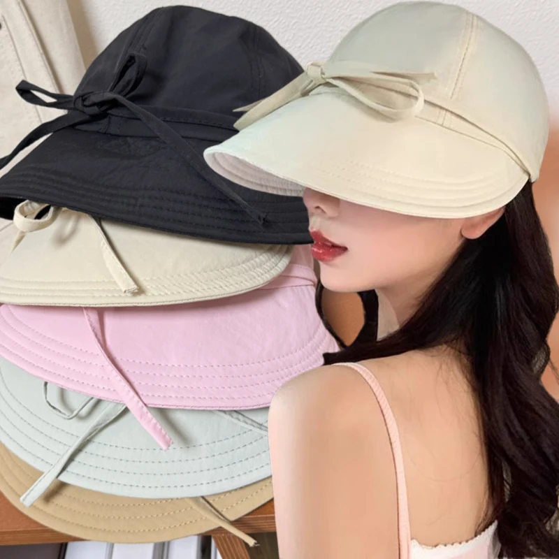 Fashion Summer Quick Drying Bucket Hat Women Girl Sweet Knotted Bows Wide Brim Panama Sun Hats Outdoor Beach Tour Fishermen Caps