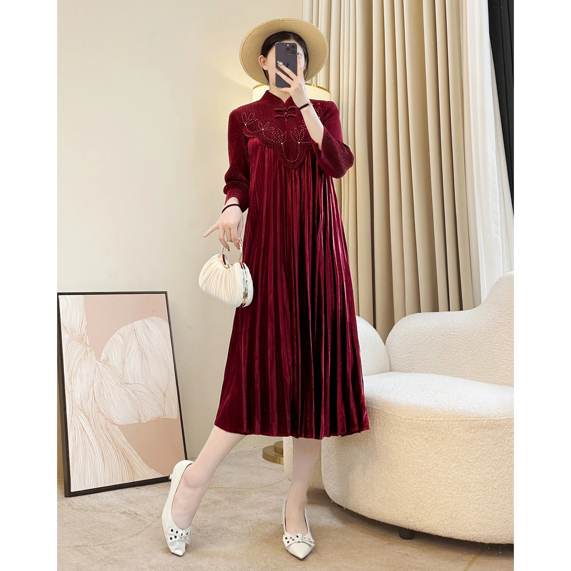 Miyake geplooide fluwelen jurk effen kleur stiksels opstaande kraag pofmouwen losse elegante geplooide trouwjurken voor dames