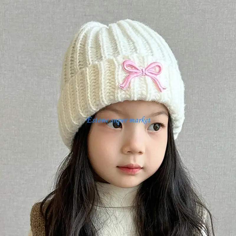 090B Stylish Girls Knitted Hat with Bowknot Kids Fashion Knitted Hat Comfortable Wear