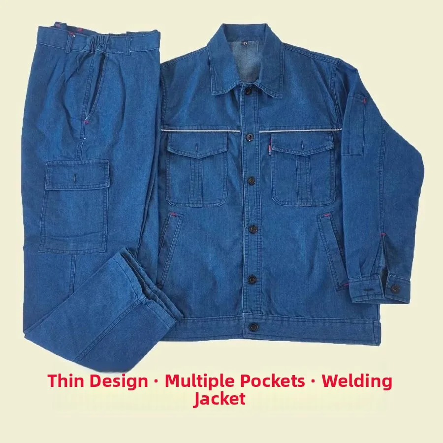 

Summer Thin Pure Cotton Denim Multi-ket Top And Pants Set Sweat Absorbent Dirt Resistant for Ws And Mechanics Workwear