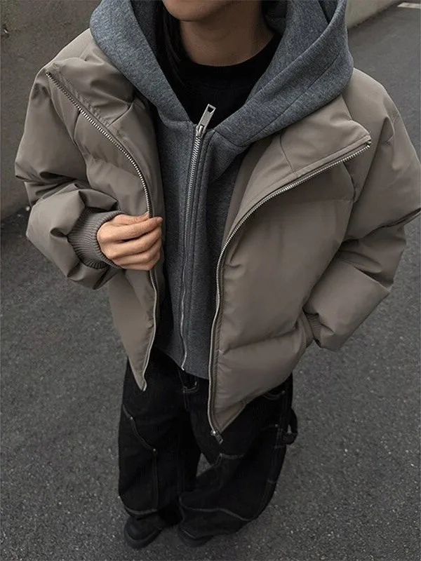 

Gray Thickened Warm Cotton Jacket with Hood PU Leather Workwear Coat for Men Cleanfit Style Casual Leisure Outerwear