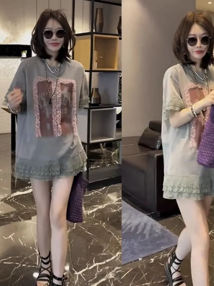 

plus Size Women's T-shirt Lace Splicing Heavy Industry round Neck Mid-Length Summer Loose Fit Fashionable Casual Top