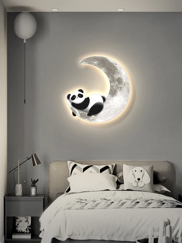 Children's room decoration painting boy girl room bedroom bedside panda cartoon warm luminous wall lamp black and white minimali