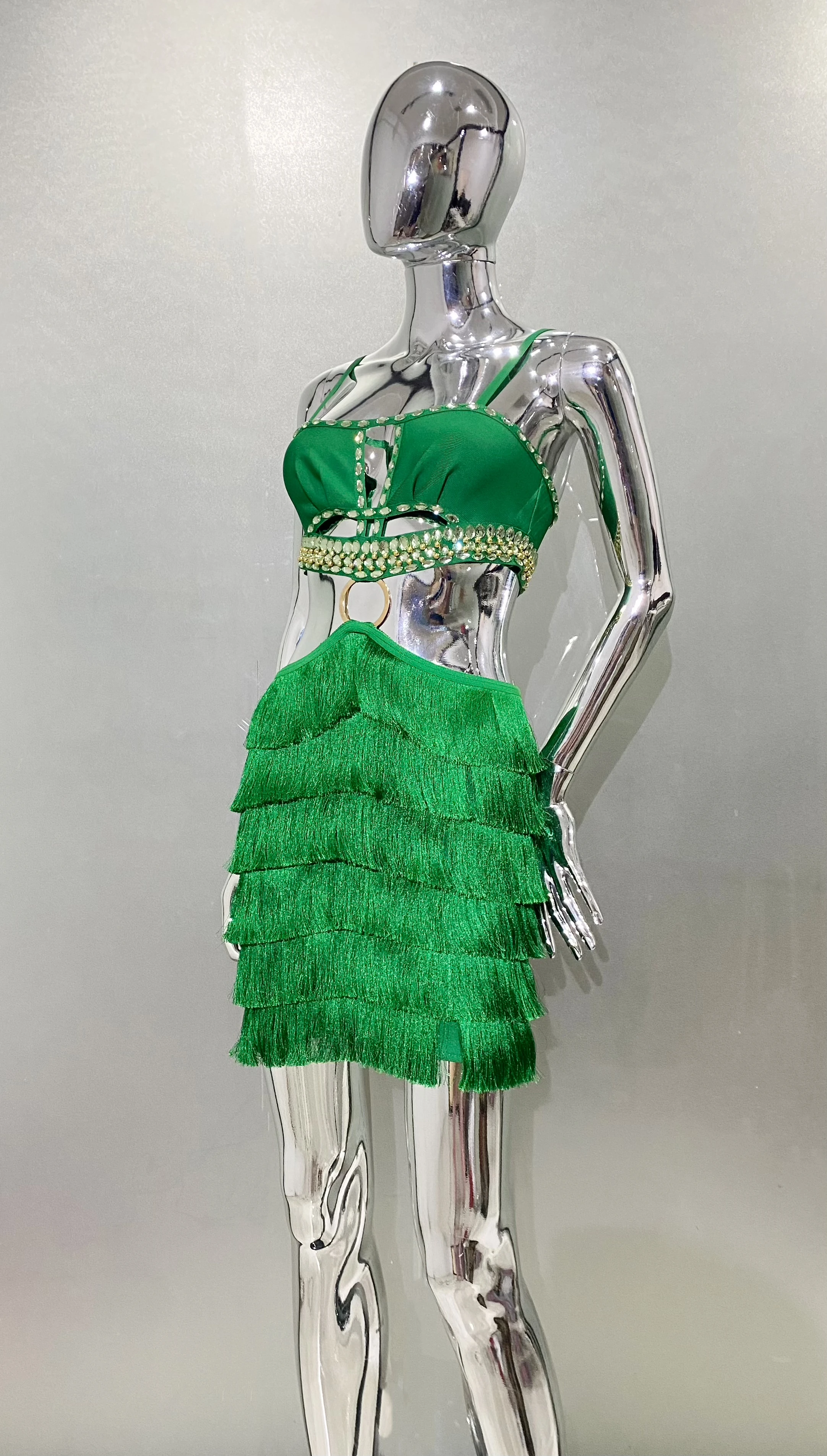 2024NEW Summer Green Split Mini Dress Sexy Fashion Women Pleated Fringe A-line Dress Before The Party