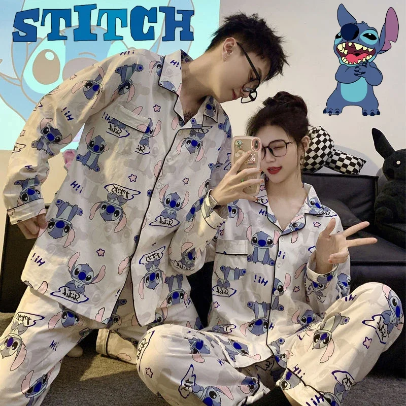 Disney Stitch Spring Summer Ladies Faux Silk Polyester Pajama New Men Couple Long-sleeved Trousers Homewear Winter Sleepwear 3XL