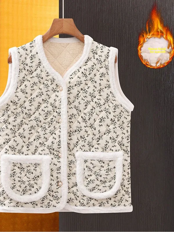 

Утепленный женский жилет с цветочным узором для осени и зимы, теплая верхняя одежда для женщин среднего и старшего возраста, модная.