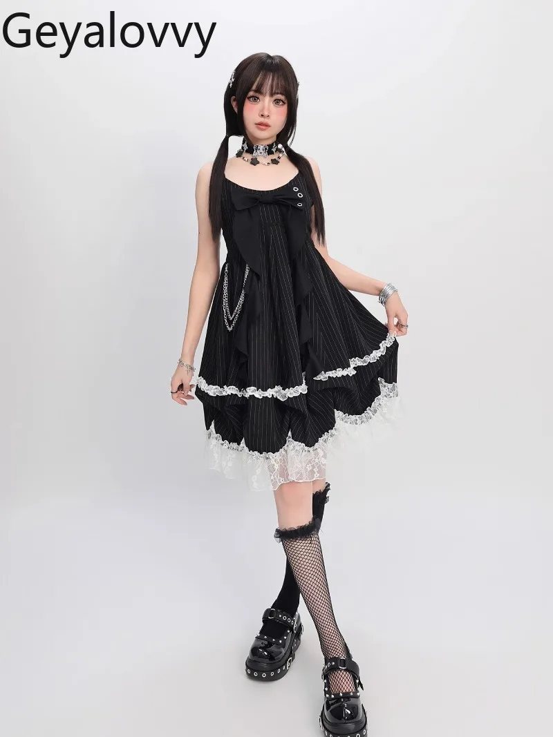 

Original Sweet Cool Girl Strap Lace Flower Bud Dress Summer New Versatile Black Striped High Waist Slim Sleeveless Dress