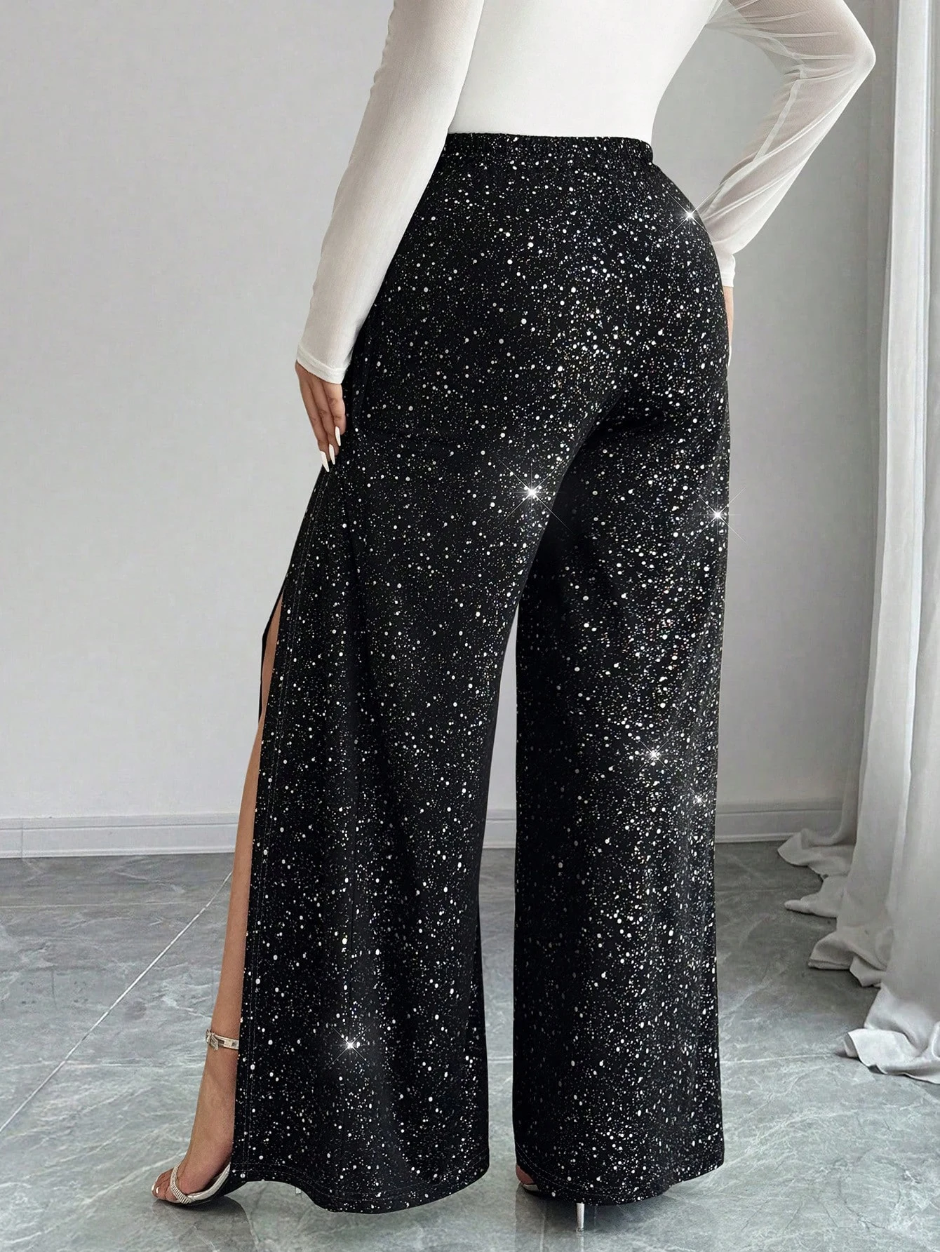 Plus Size Women Wide Leg Pants High Waisted Sequined Side Slit Glitter Pants, Straight Leg Pants, Party Club
