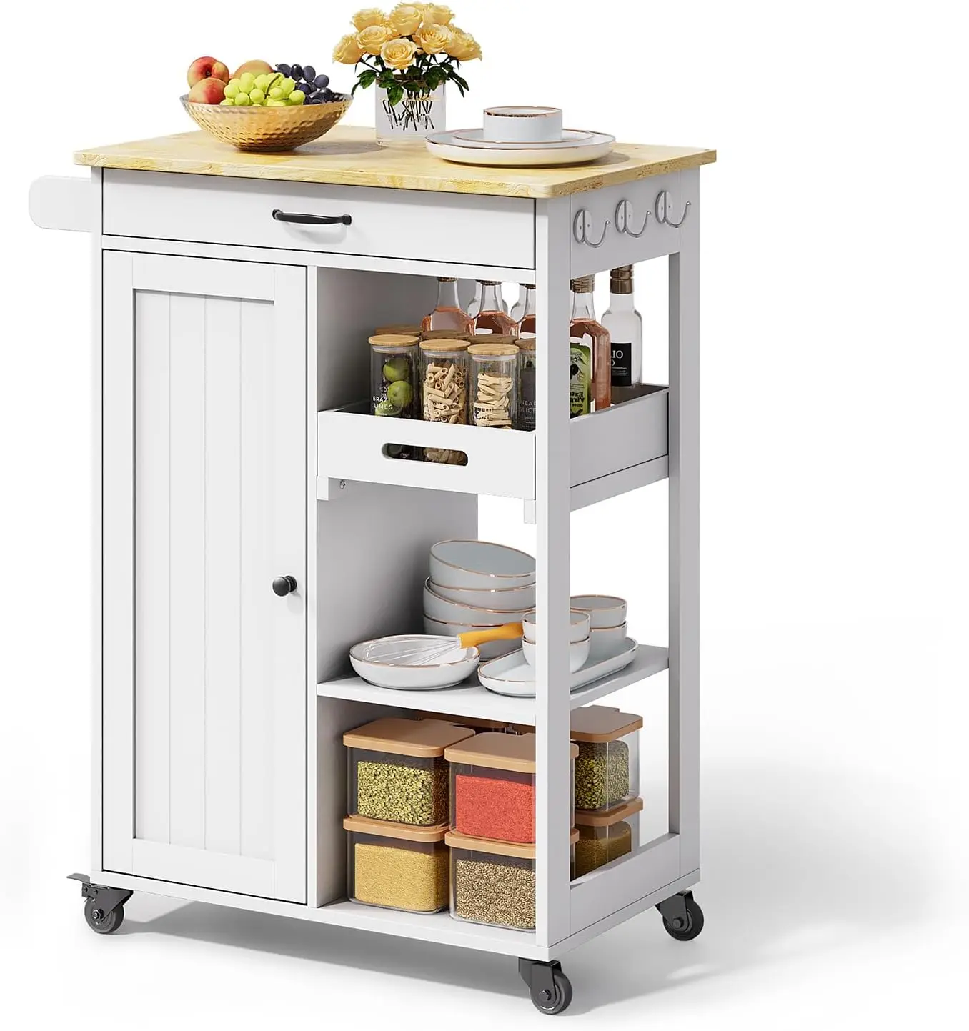 

Kitchen Island Cart with Removable Tray, 27.6''W Rolling Utility Trolley Cart with Drawer, Cabinet, Towel Rack, Hooks and 3 Open
