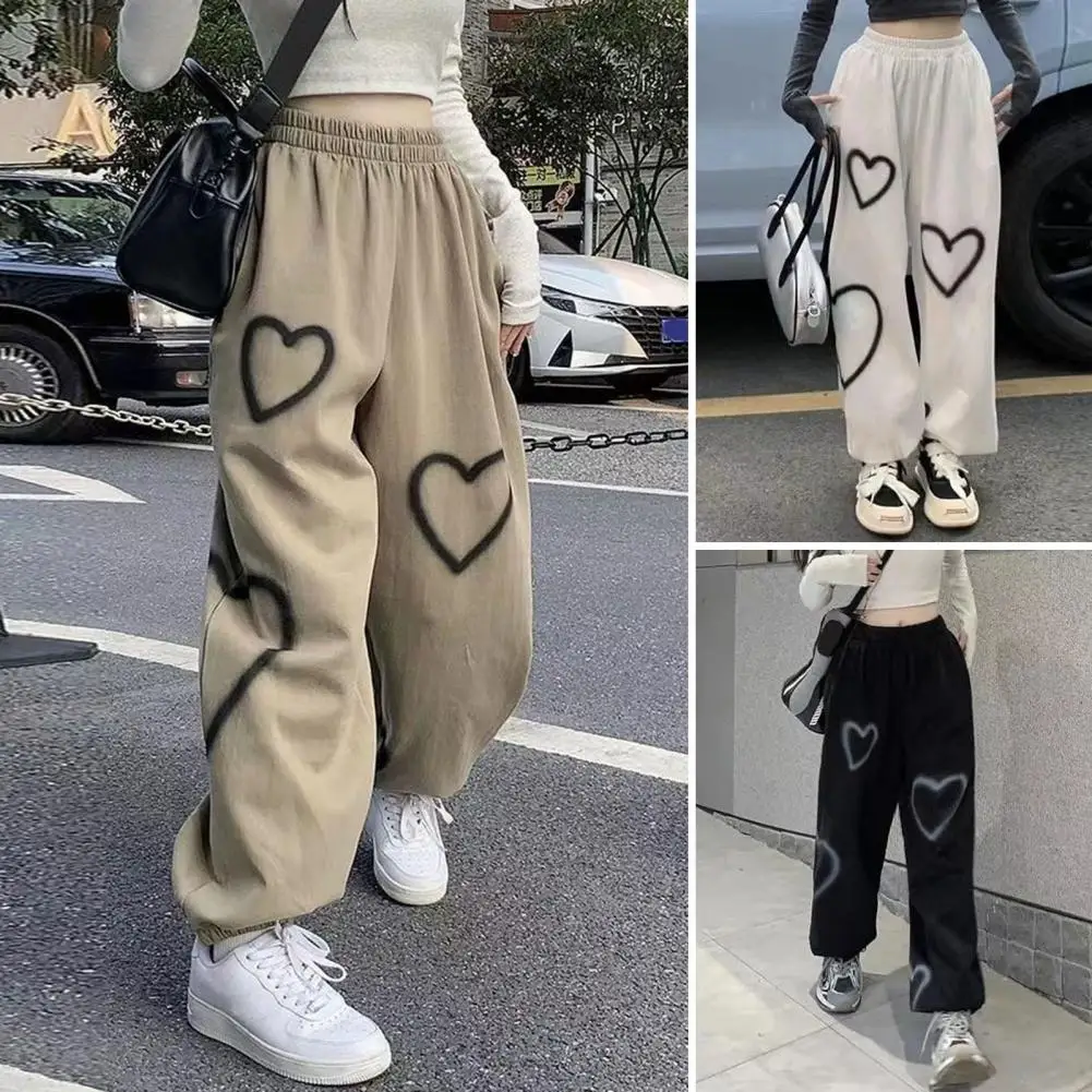 Women High-waist Pants Heart Print Wide Leg Trousers for Women High Waist Casual Sweatpants Street Style Slacks Casual Slacks