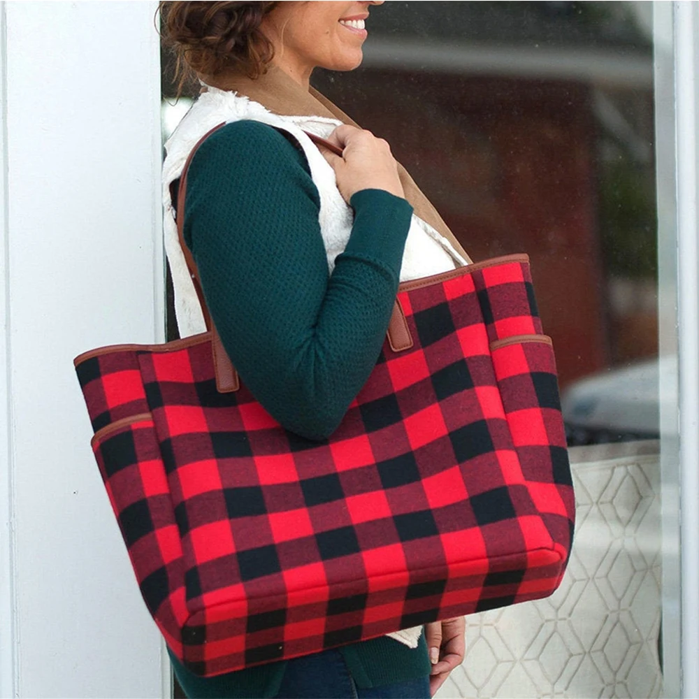 Women Buffalo Plaid Check Tote Set With Matching Wristlet Clutch Canvas Leather PU Top Handle Handbag Makeup Cosmetic Bag