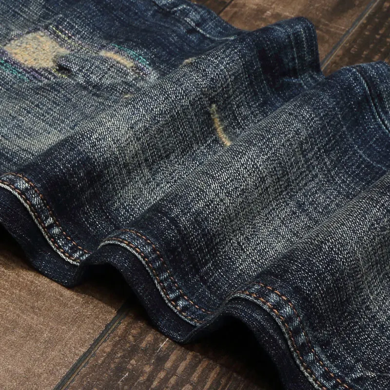 Fashion Designer Men Jeans Retro Black Blue Elastic Stretch Slim Ripped Jeans Men Embroidery Patched Vintage Denim Pants Hombre