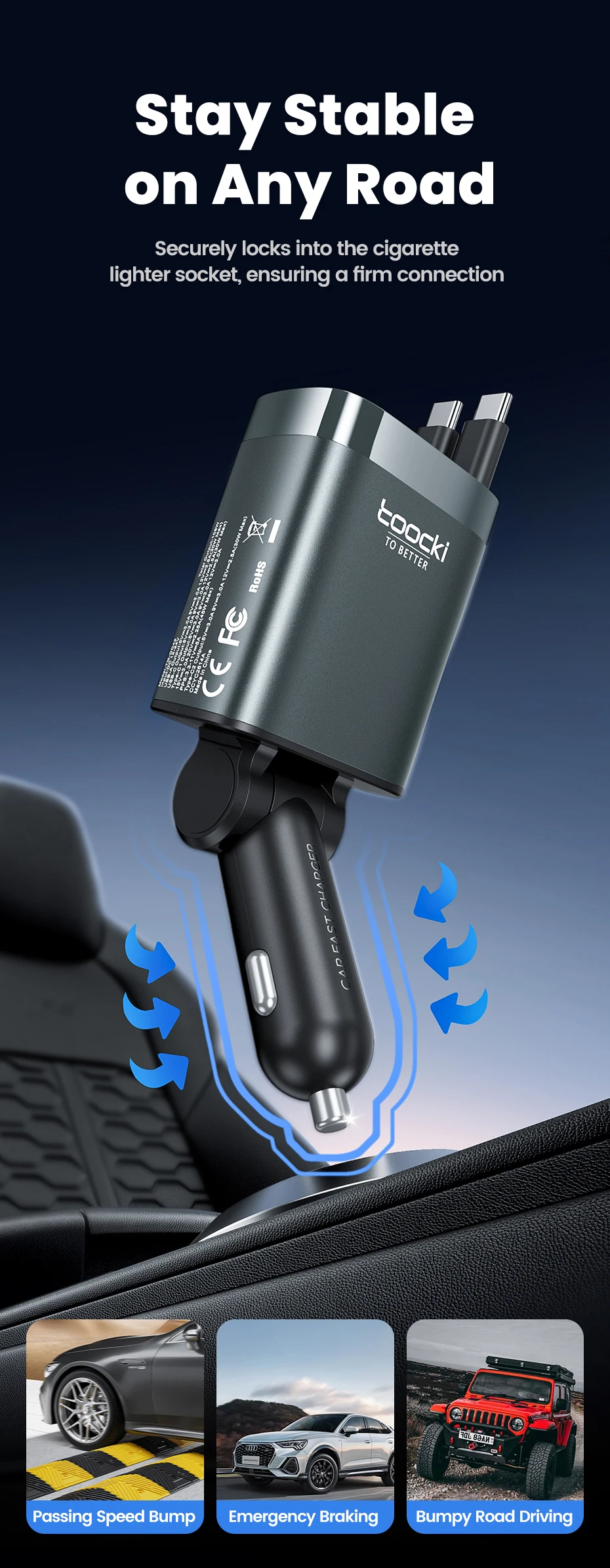 Toocki 4 IN 1 einziehbares Autoladegerät 105 W Handy-Ladegerät Typ C-Kabel für iPhone 16 15 Schnellladekabel Zigarettenadapter – Detail 9
