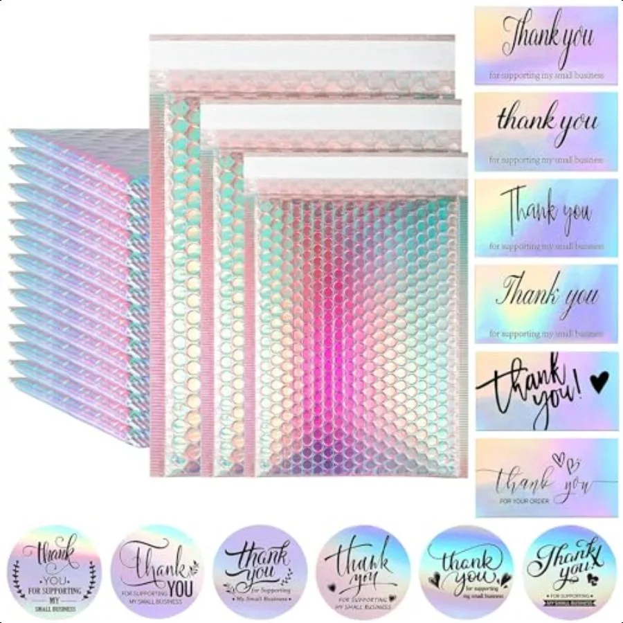

50 Pcs Metallic Bubble MailersWith Thank You Cards and Stickers Holographic Bubble Mailers Self Seal Poly Padded Envelopes Adhe