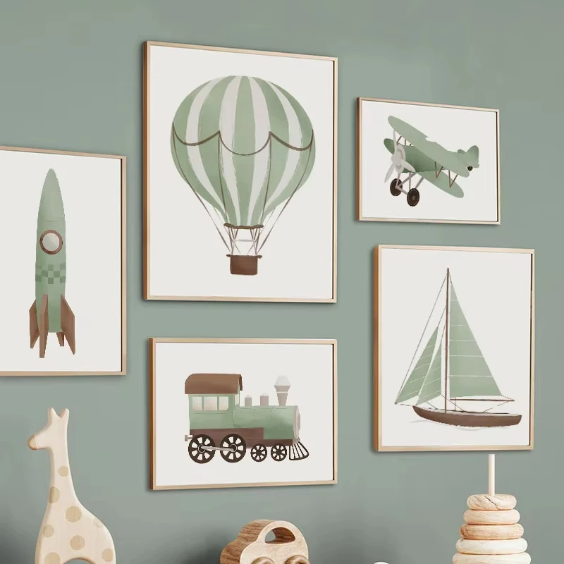 1 Stück Rahmenloses Leinwandbild mit Segelboot, Rakete, Heißluftballon, Flugzeug, Zug, Auto, Nordische Poster, Cartoon-Wanddekoration