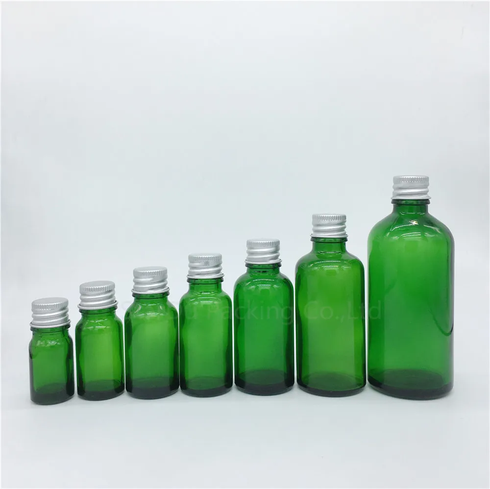 Flacons en verre vert avec couvercle en aluminium, flacons d'huile essentielle, parfum HI, 5ml, 10ml, 15ml, 20ml, 30ml, 50ml, 100ml, 100 pièces