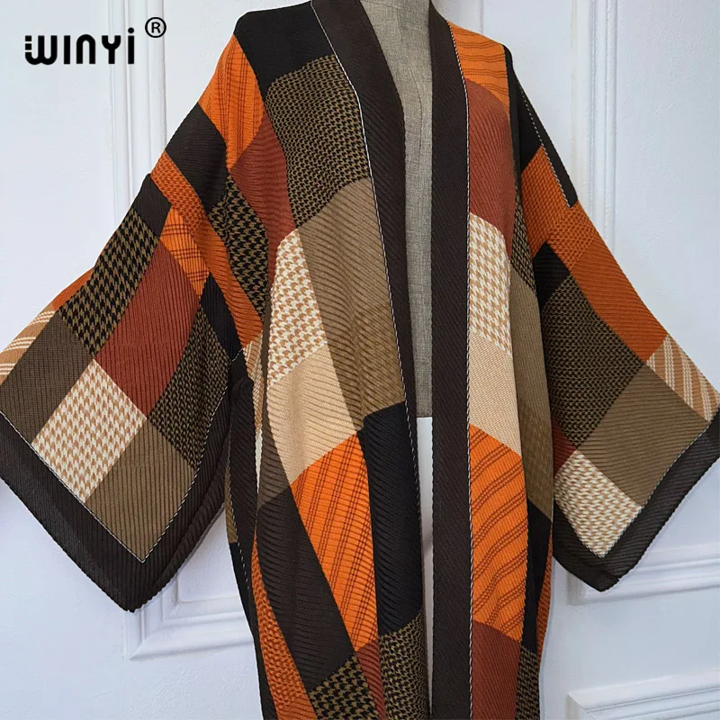 WINYI Geometric print Pleated dress Beach Wear elegant Africa women Cardigan holiday party maxi Kimono cover-ups long down coat