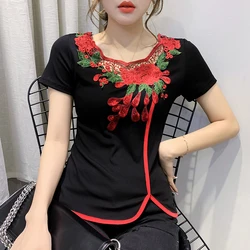 Black Summer Folk Clothes Vintage Chic Sexy Hollow Out Embroidery T-Shirt Women Tops Ethnic Bottoming Shirt Tees 2024 New 431519