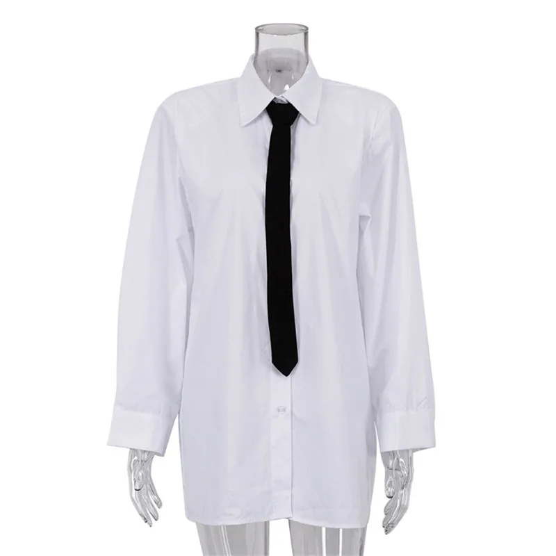 White Shirt 2024 Spring Women's Fashion Pure Cotton Long Sleeved Shirt With Black Tie Loose Long White Blouse