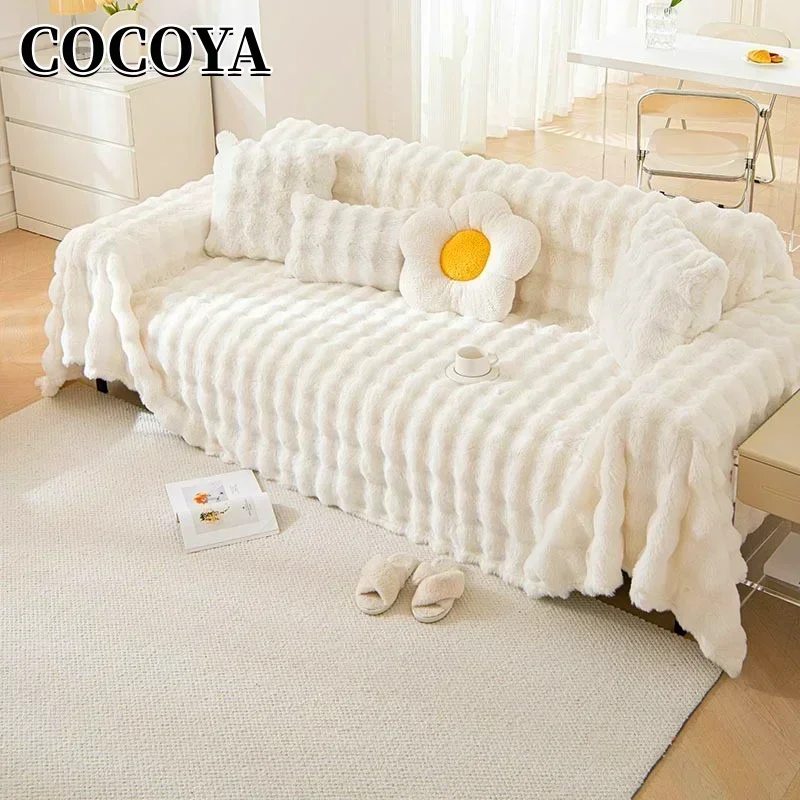 

Faux Rabbit Fur Sofa Cover Warm Winter Bubble Shaped Slipcovers Luxury Plush Couch Covers for Living Room Decor Blanket Towel